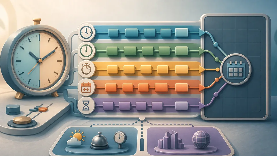 Add and subtract time illustration with clock blocks, forward and backward lanes, hour minute second gear stations, date rollover bridge, elapsed-duration blocks, and calculator board
