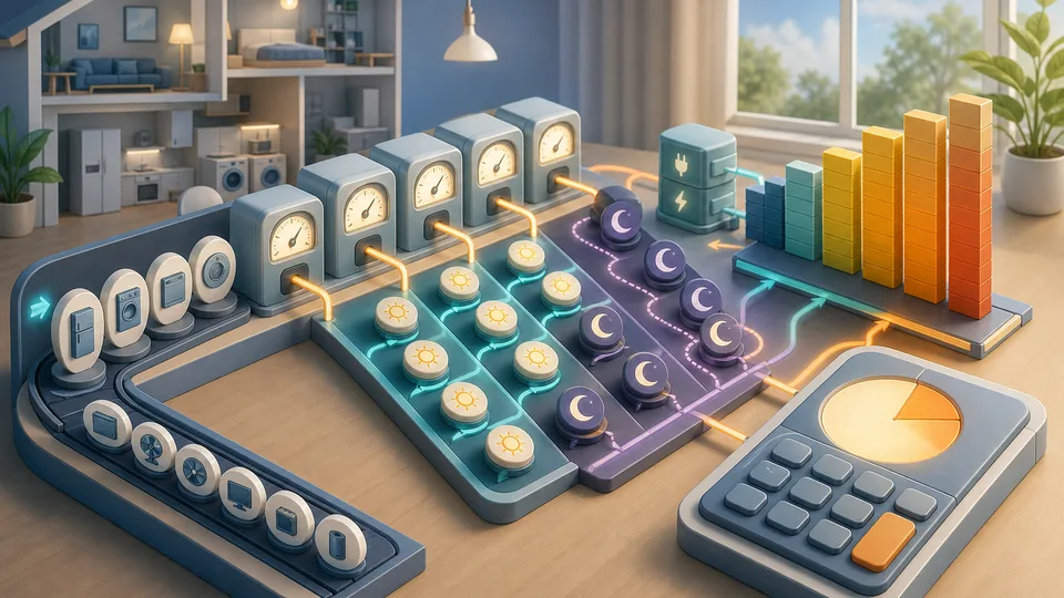 Appliance energy audit illustration with household devices feeding watt meters, usage-hour lanes, standby-load tokens, kWh rate tray, monthly bill board, and calculator panel