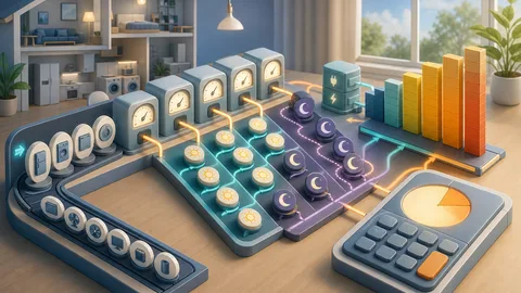 Appliance energy audit illustration with household devices feeding watt meters, usage-hour lanes, standby-load tokens, kWh rate tray, monthly bill board, and calculator panel