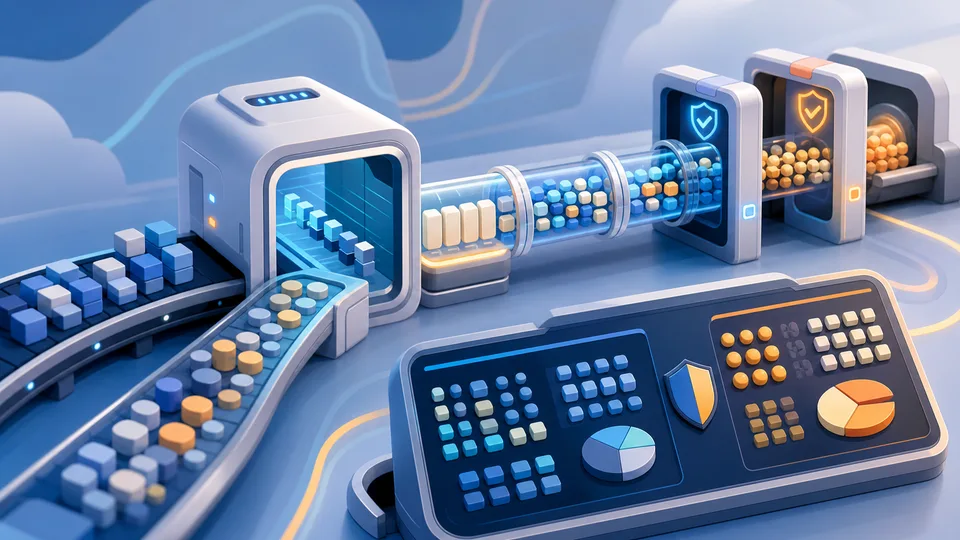 Base64 encoding illustration with byte blocks, text tokens, encoding chamber, padding slots, transport tubes, decode-check gates, and calculator output board