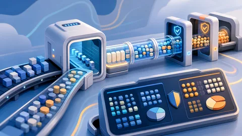 Base64 encoding illustration with byte blocks, text tokens, encoding chamber, padding slots, transport tubes, decode-check gates, and calculator output board