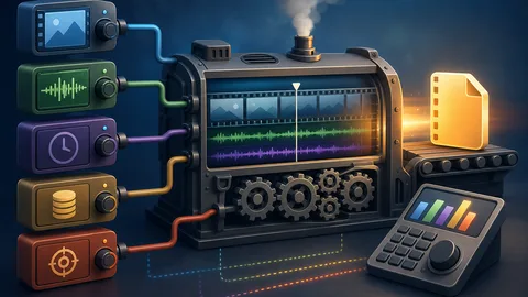 Video timeline machine combining video bitrate, audio bitrate, duration, overhead, and target size into calculator output