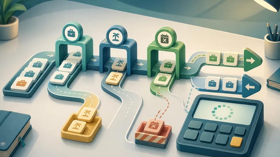 Business-day deadline planning illustration with calendar tiles, weekday gates, weekend bypass lanes, excluded-date blockers, forward and backward paths, and calculator board