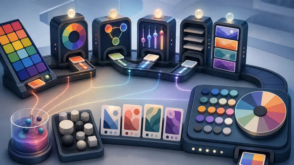 Color palette generator illustration with base hue swatches, harmony wheels, contrast gates, saturation mixers, neutral trays, use-case cards, and calculator palette board
