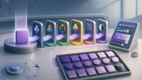 Color conversion studio illustration with central swatch, RGB and hue channels, alpha pieces, contrast station, design-token tray, and calculator board