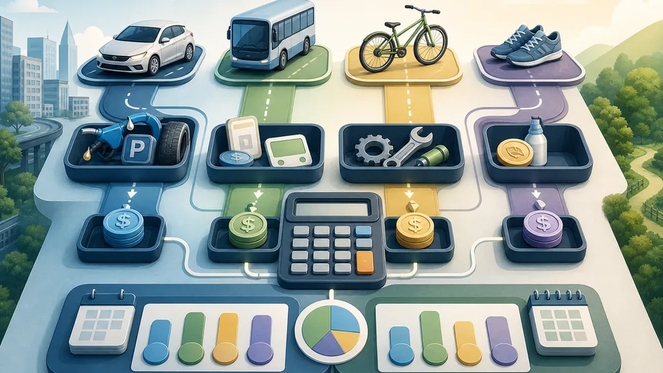 Commute comparison illustration with car, transit, bike, and walking lanes feeding money trays, time blocks, frequency counters, parking and fare pieces, and calculator board