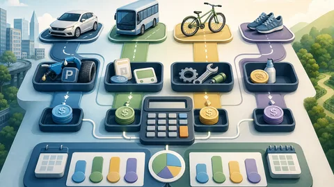 Commute comparison illustration with car, transit, bike, and walking lanes feeding money trays, time blocks, frequency counters, parking and fare pieces, and calculator board