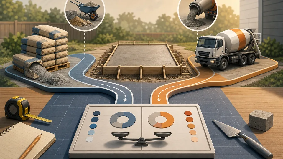 Concrete bag versus ready-mix planning illustration with bag stacks, pour form, delivery lane, waste allowance, and calculator