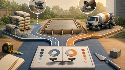 Concrete bag versus ready-mix planning illustration with bag stacks, pour form, delivery lane, waste allowance, and calculator