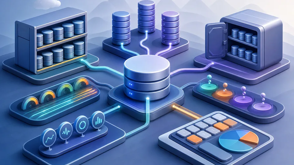 Database cost planning illustration with primary database block, replica towers, storage shelves, backup vault trays, IOPS performance lanes, pooling channels, monitoring tokens, and calculator board