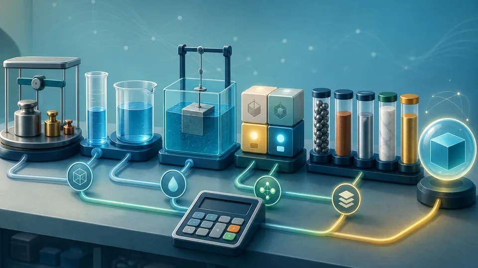 Material density bench with mass blocks, volume vessels, displacement tank, unit converters, comparison columns, and calculator board