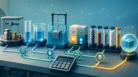 Material density bench with mass blocks, volume vessels, displacement tank, unit converters, comparison columns, and calculator board