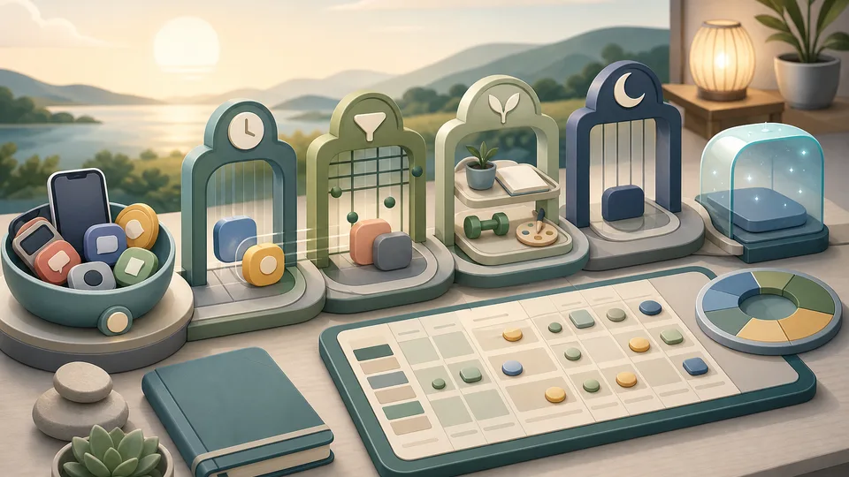Digital detox planning illustration with device tokens, app blocks, time-window gates, trigger filters, replacement activity trays, quiet-hour blocks, and calculator board