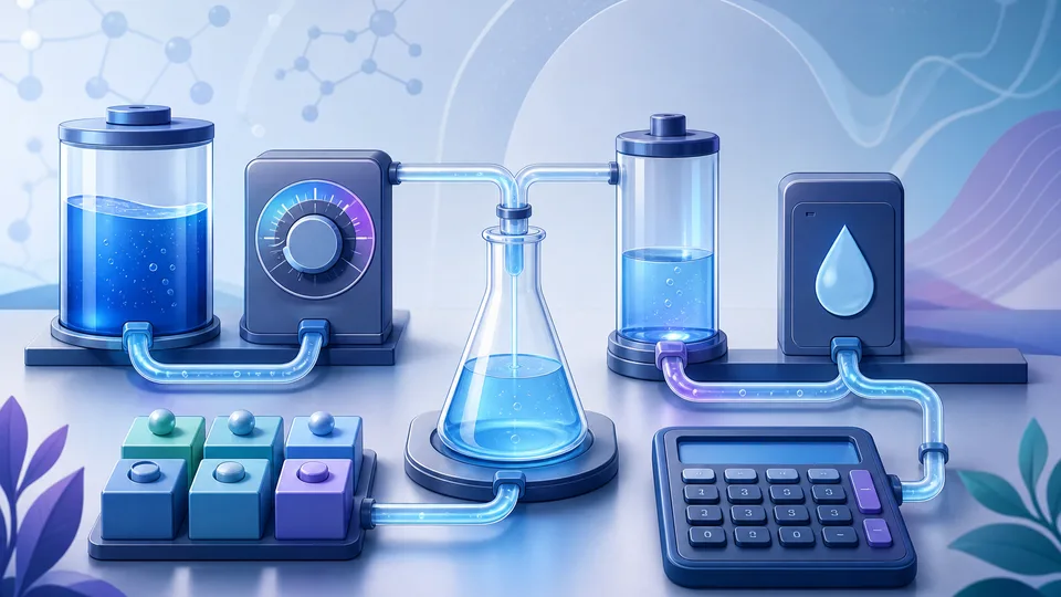 Solution dilution bench with stock reservoir, concentration dial, target flask, solvent channel, unit blocks, and calculator board