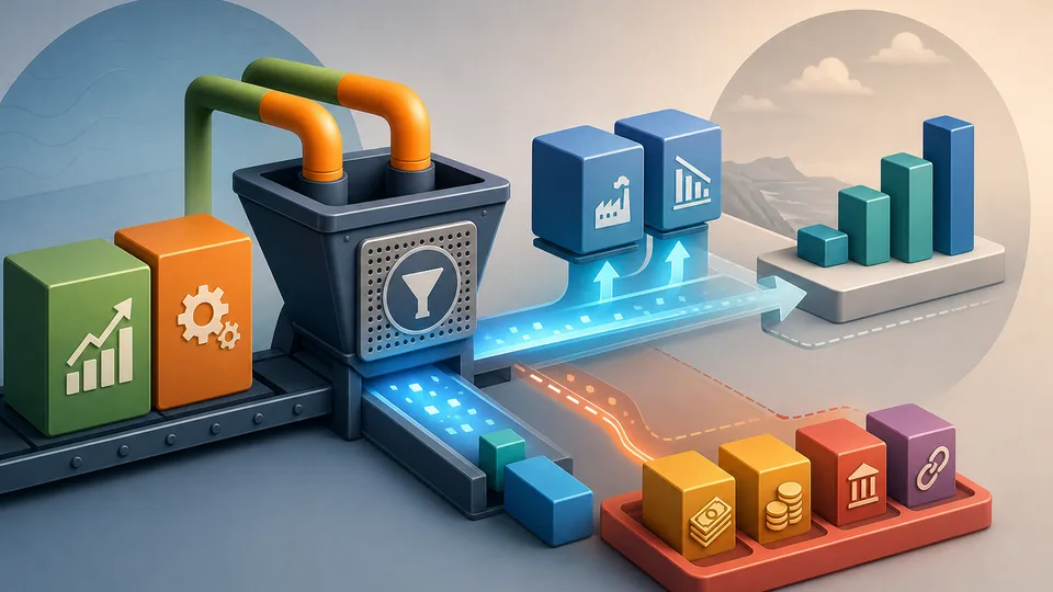 Business performance workbench with revenue and cost blocks passing through EBITDA add-back filter beside a calculator