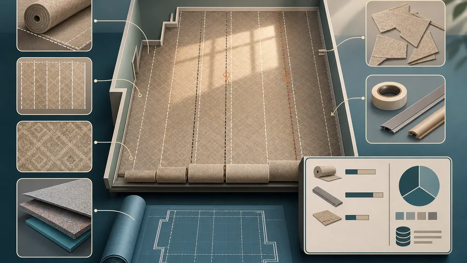 Carpet roll planning illustration with room lanes, carpet strips, seam markers, pattern repeat, underlay, waste, and calculator board