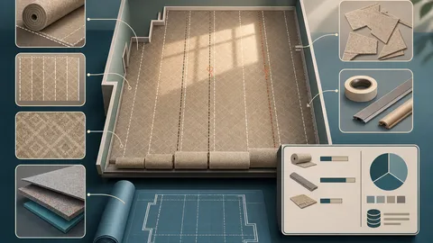 Carpet roll planning illustration with room lanes, carpet strips, seam markers, pattern repeat, underlay, waste, and calculator board