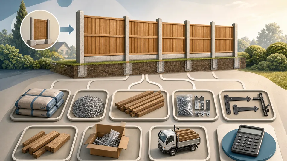 Fence material planning illustration with panels, posts, post mix bags, gravel boards, rails, fixings, gate hardware, spare allowance, and calculator board