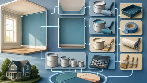 Paint budget planning illustration with room wall module, wall paint, primer, ceiling paint, trim paint, rollers, tape, brushes, tin rounding, and calculator board