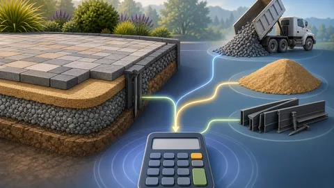 Paver base planning illustration with cutaway patio layers, base aggregate, bedding sand, edging, delivery tonnage, and calculator