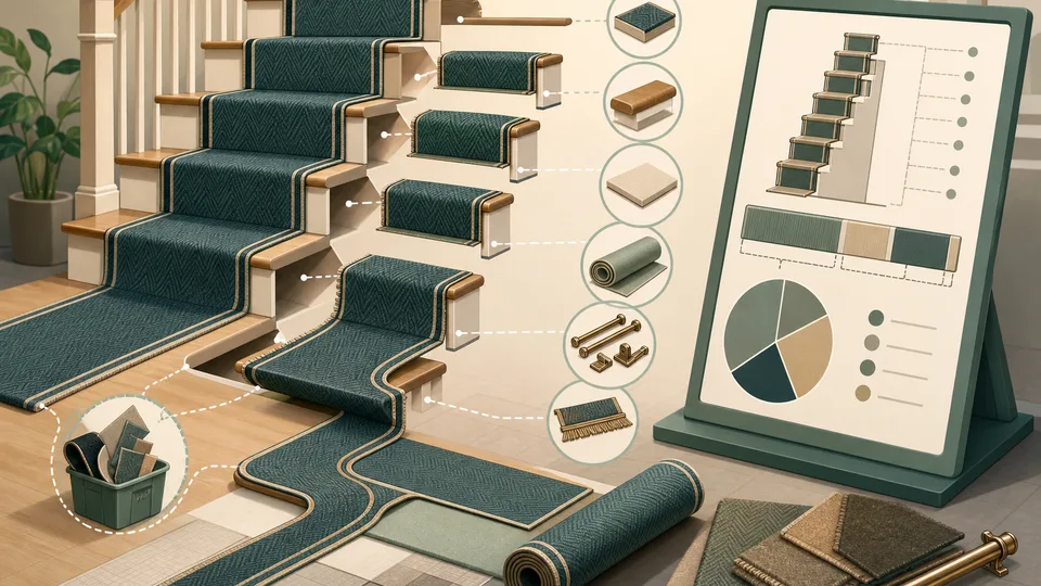Stair carpet planning illustration with staircase cutaway, runner path, tread and riser sections, landing allowance, underlay, waste, and calculator board