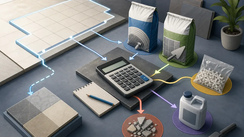 Tile adhesive and grout planning illustration with tiled surface, adhesive bags, grout bags, spacers, sealer allowance, and calculator