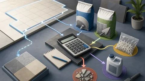 Tile adhesive and grout planning illustration with tiled surface, adhesive bags, grout bags, spacers, sealer allowance, and calculator