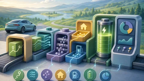 EV charging cost illustration with route distance blocks, miles-per-kWh lanes, charging-loss buffer, home and public rate trays, battery station, and calculator board