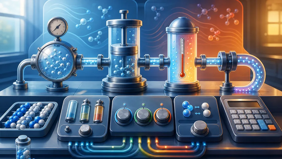 Gas law control bench with pressure chamber, volume cylinder, temperature gradient, mole tokens, unit blocks, and calculator board