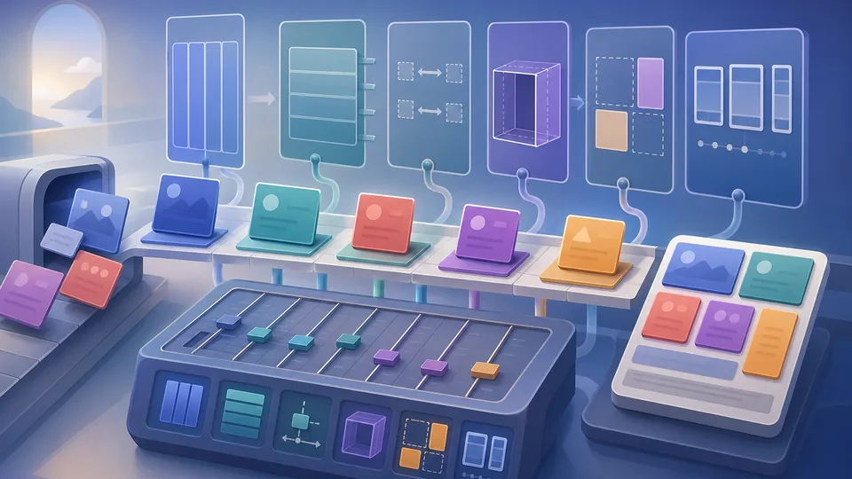 Grid layout planning illustration with content tiles, column tracks, row tracks, gap spacers, minmax gates, placement guides, breakpoint panels, and calculator grid board