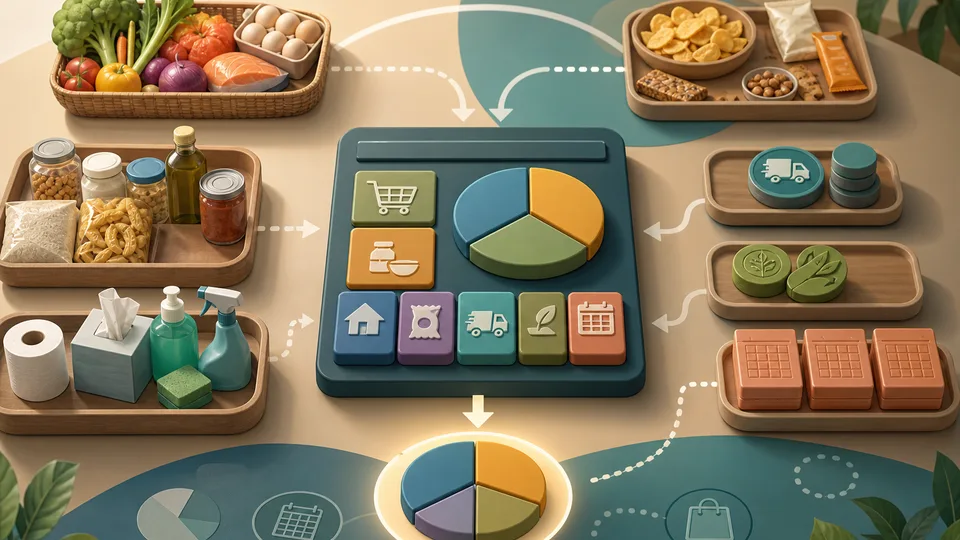 Grocery budget illustration with meal baskets, pantry blocks, household trays, snack trays, delivery tokens, waste buffer pieces, weekly shop blocks, and calculator board