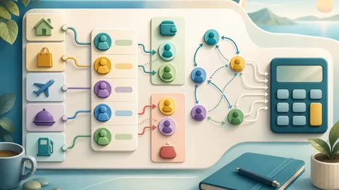 Group expense settlement illustration with multiple paid-expense tiles, person balance columns, overpaid and underpaid channels, transfer arrows, and calculator board