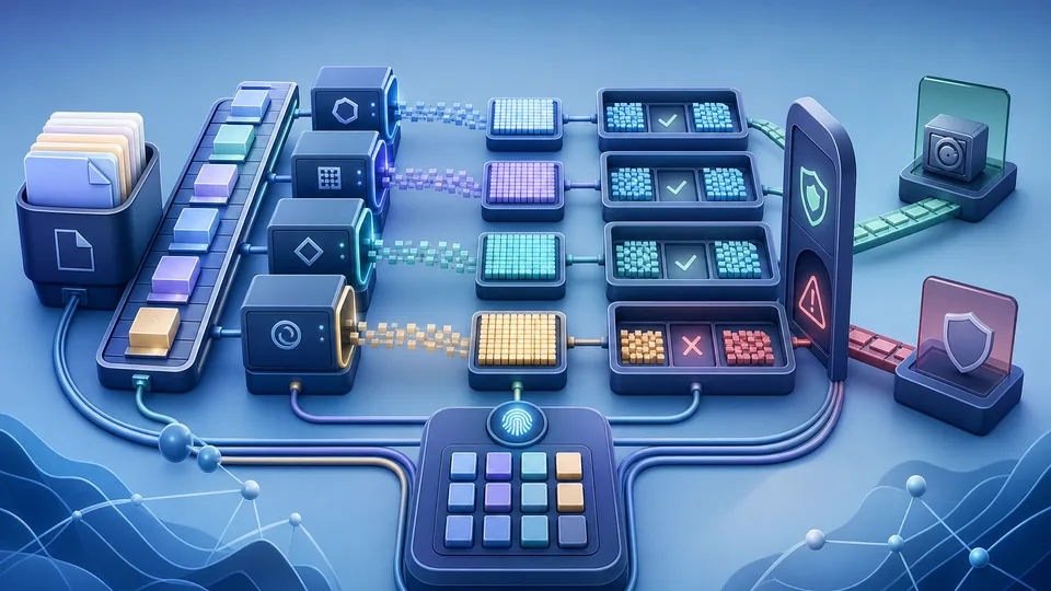 Hash generation illustration with file blocks passing through algorithm lanes into fingerprint tiles, integrity comparison trays, checksum markers, caution gate, and calculator board
