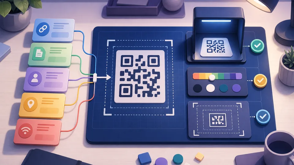 QR code planning illustration with payload cards, contrast checks, quiet-zone spacing, scanner test station, and calculator