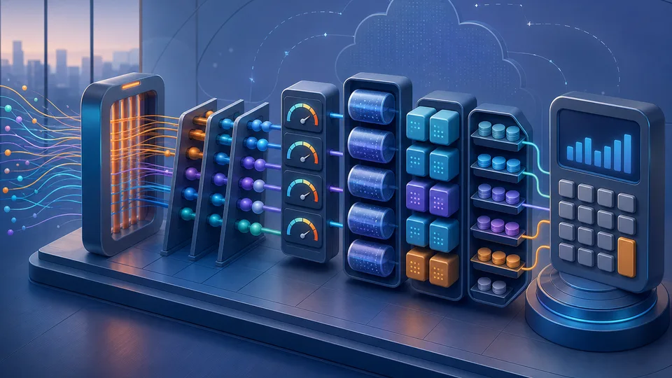 Infrastructure capacity planning illustration with request streams, peak-load gates, concurrency lanes, utilisation meters, headroom buffers, service instance blocks, node cost trays, and calculator board