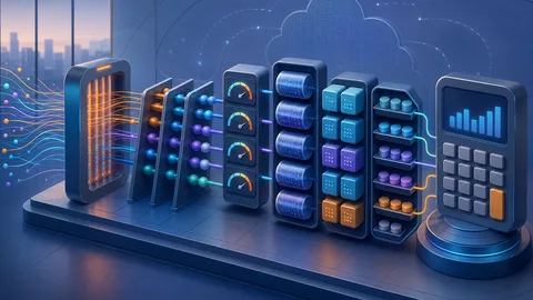 Infrastructure capacity planning illustration with request streams, peak-load gates, concurrency lanes, utilisation meters, headroom buffers, service instance blocks, node cost trays, and calculator board