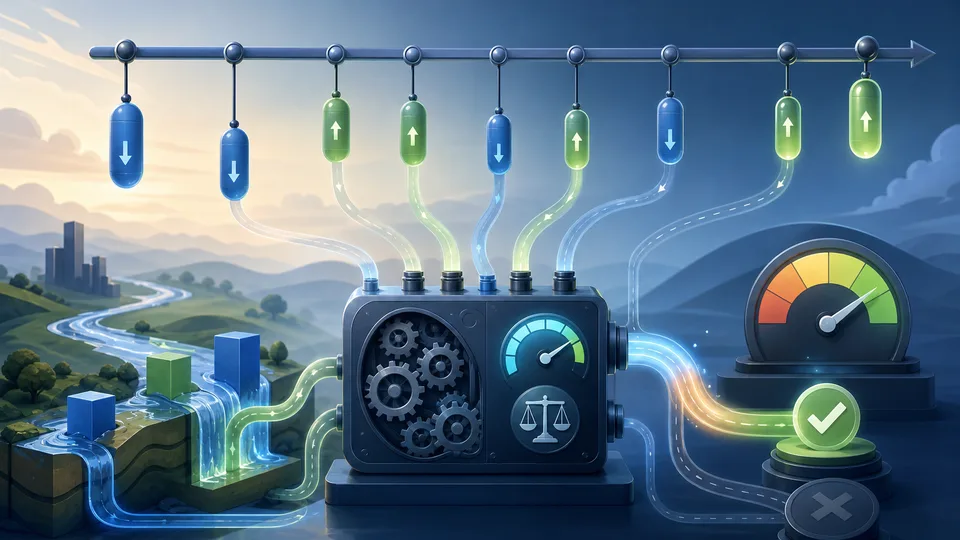 Timeline rail with irregular cash-flow capsules feeding an IRR and NPV return meter