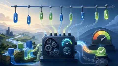 Timeline rail with irregular cash-flow capsules feeding an IRR and NPV return meter
