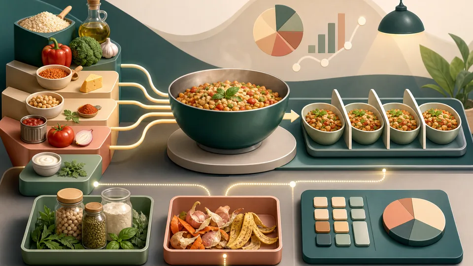 Meal cost planning illustration with ingredient blocks, batch bowl, serving dividers, pantry-use tray, waste allowance pieces, and calculator cost-per-serving board