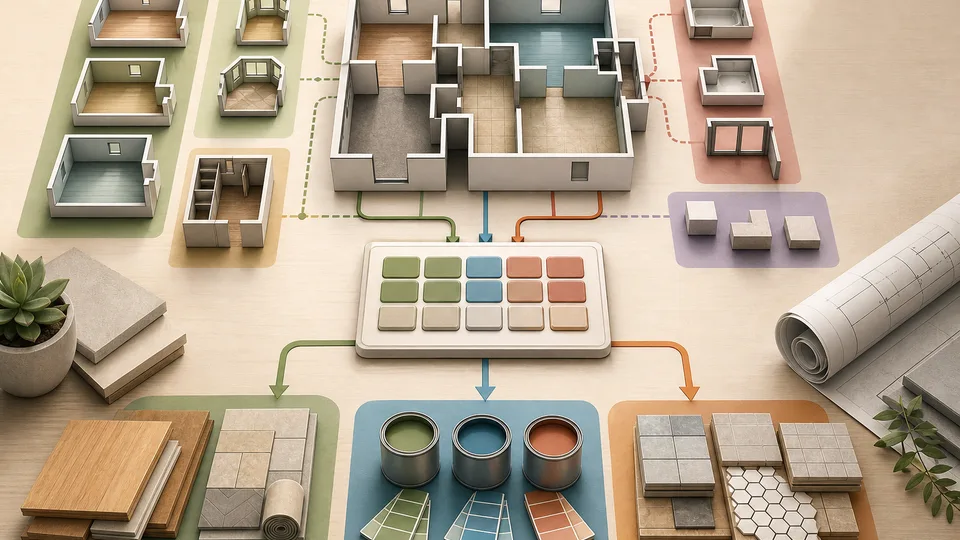 Multi-room renovation area planning illustration with floor-plan modules, alcove additions, exclusions, waste allowance, and calculator board