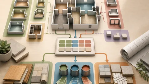 Multi-room renovation area planning illustration with floor-plan modules, alcove additions, exclusions, waste allowance, and calculator board
