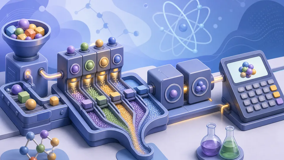 Formula parsing bench with element tiles, count tokens, atomic mass trays, gram-to-mole converters, and calculator board