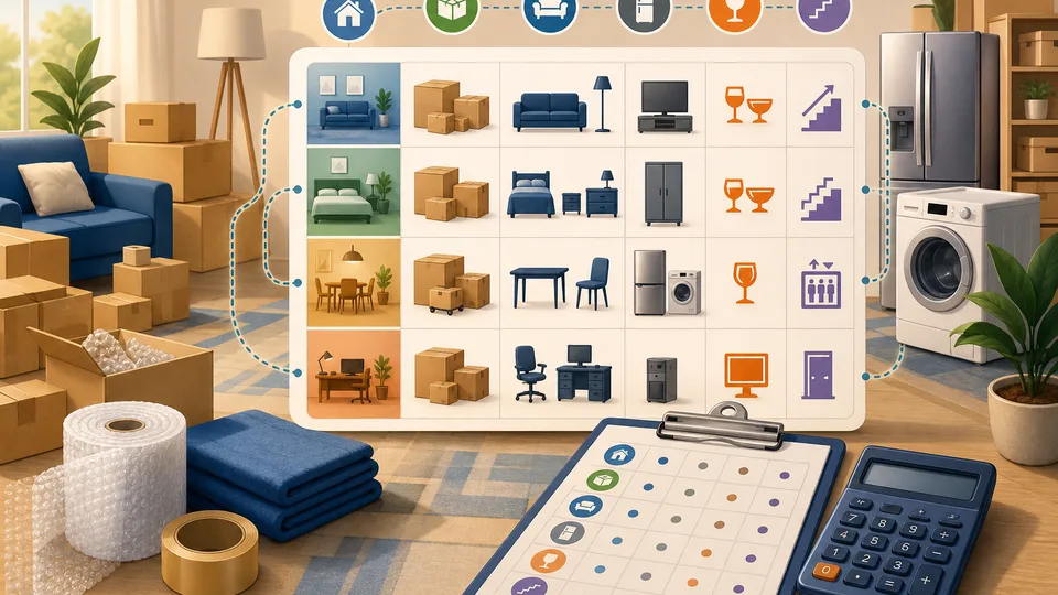 Moving inventory planning illustration with boxes, furniture, fragile items, access markers, packing materials, and calculator clipboard