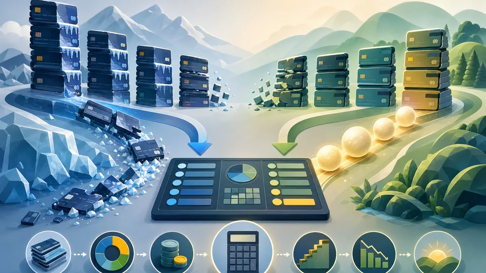 Several abstract credit-card balance towers being cleared by avalanche and snowball routes into a payoff calculator