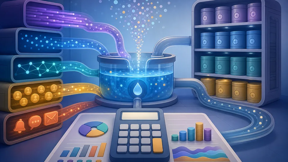 Observability cost illustration with log streams, metric dots, trace paths, retention shelves, paid-seat tokens, alert channels, ingestion reservoir, and calculator cost board