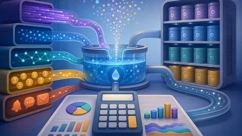Observability cost illustration with log streams, metric dots, trace paths, retention shelves, paid-seat tokens, alert channels, ingestion reservoir, and calculator cost board