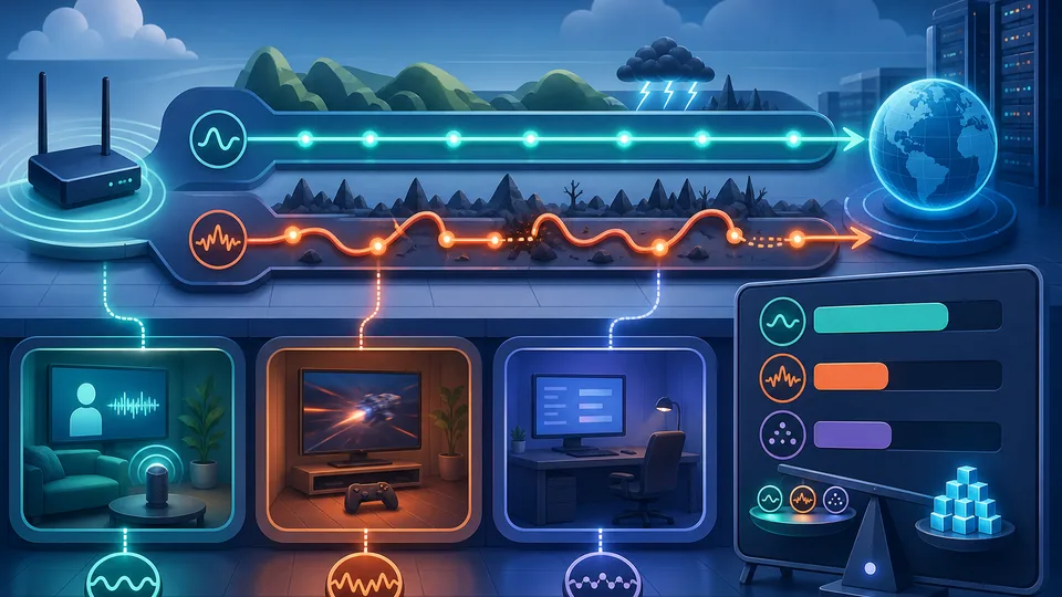 Network responsiveness illustration with signal pulses, smooth and wobbly route lanes, packet-loss gaps, use-case stations, and calculator quality board