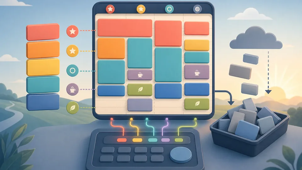 Task schedule planning illustration with priority task blocks, breaks, fixed pauses, timeline slots, and overflow tray