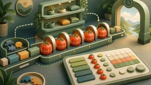 Pomodoro planning illustration with task blocks, tomato timer cycles, short break shelves, long break gate, interruption buffer pieces, and calculator session board
