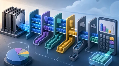 RAID usable capacity planning illustration with drive blocks, parity reserve gates, mirror lanes, hot spare slot, filesystem reserve, unit conversion markers, and calculator board